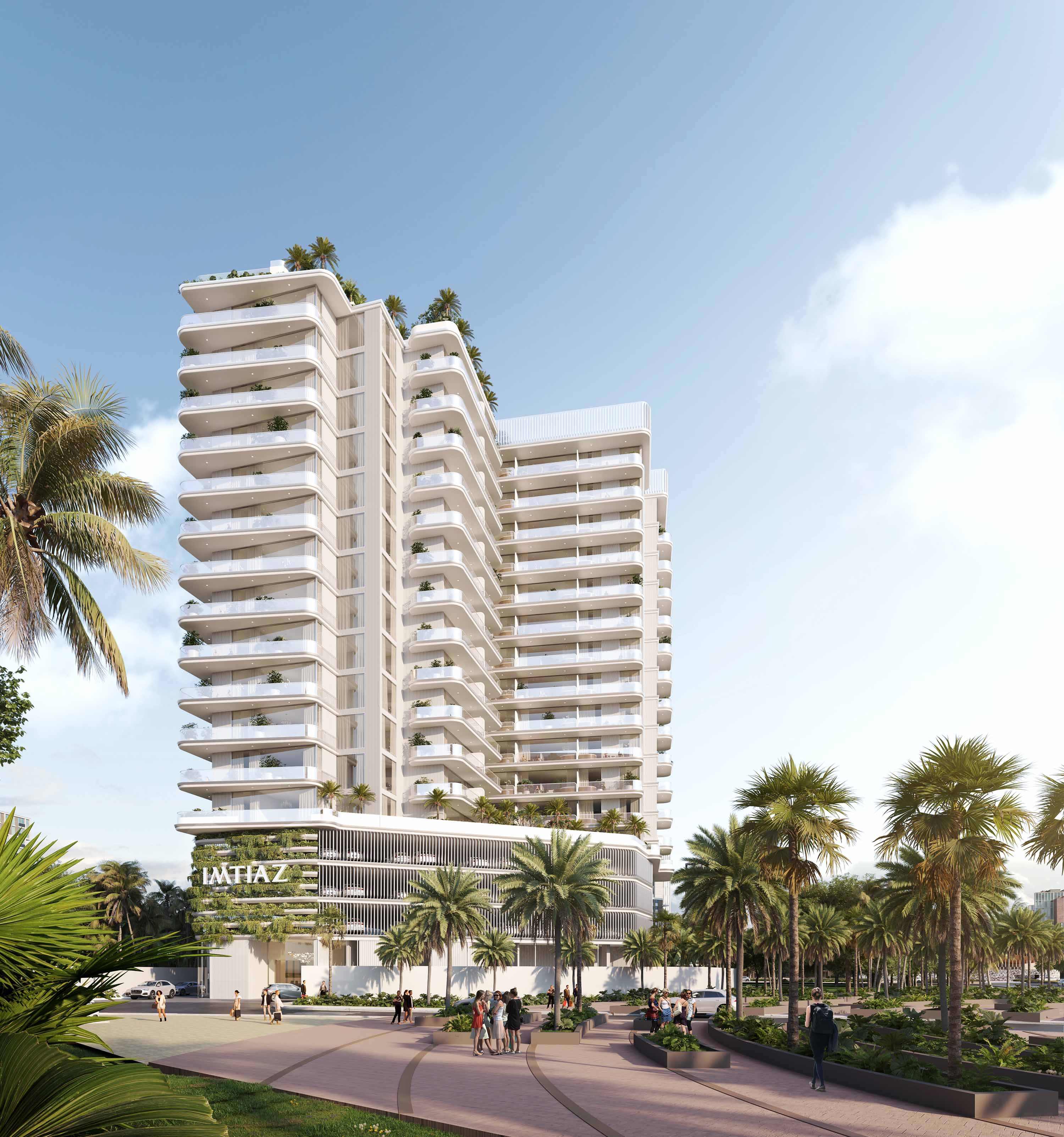 Cove Edition 4 By Imtiaz A modern residential building with balconies, surrounded by palm trees and pathways filled with people enjoying the day.